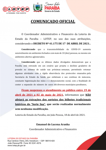 COMUNICADO OFICIAL - DECRETO Nº 41.175 DE 17 DE ABRIL DE 2021